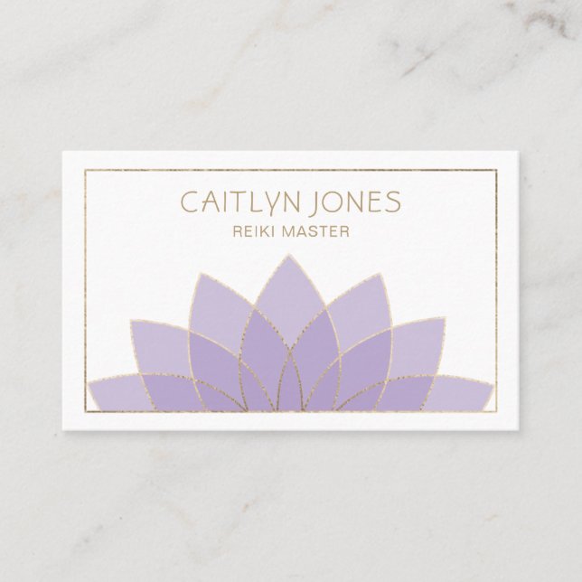 Purple And Gold Lotus Logo Yoga | Reiki Business Card (Front)