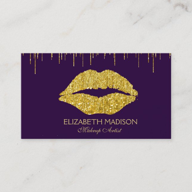 Purple and Gold Makeup Artist Glitter Lips Business Card (Front)