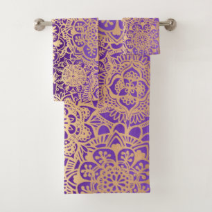 Purple and Gold Mandala Boho Chic Bath Towel Set