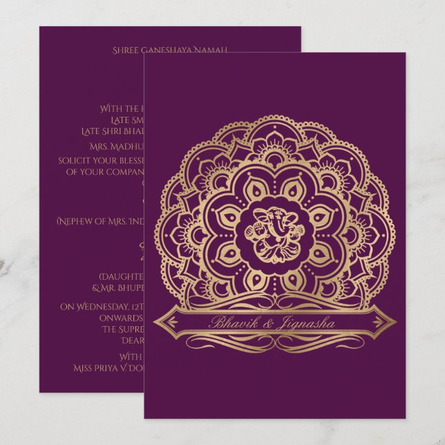 Purple and Gold Mandala Indian Wedding Invitation (Front/Back)