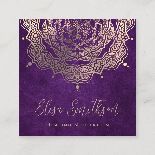   Purple And Gold Mandala Reiki Healing Meditation Square Business Card (Front)