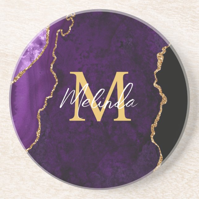 Purple and Gold Marble Agate Coaster (Front)