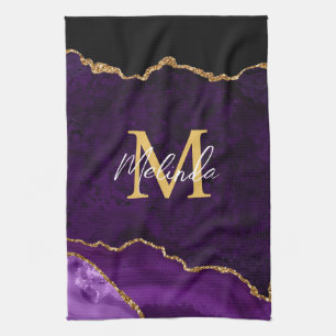 Purple and Gold Marble Agate Tea Towel