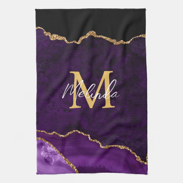 Purple and Gold Marble Agate Tea Towel (Vertical)