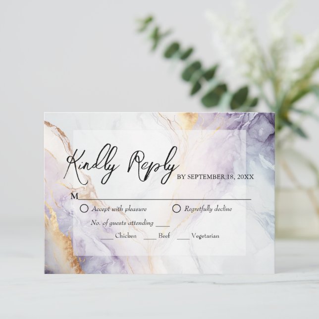 Purple And Gold Marble Wedding RSVP Card (Standing Front)