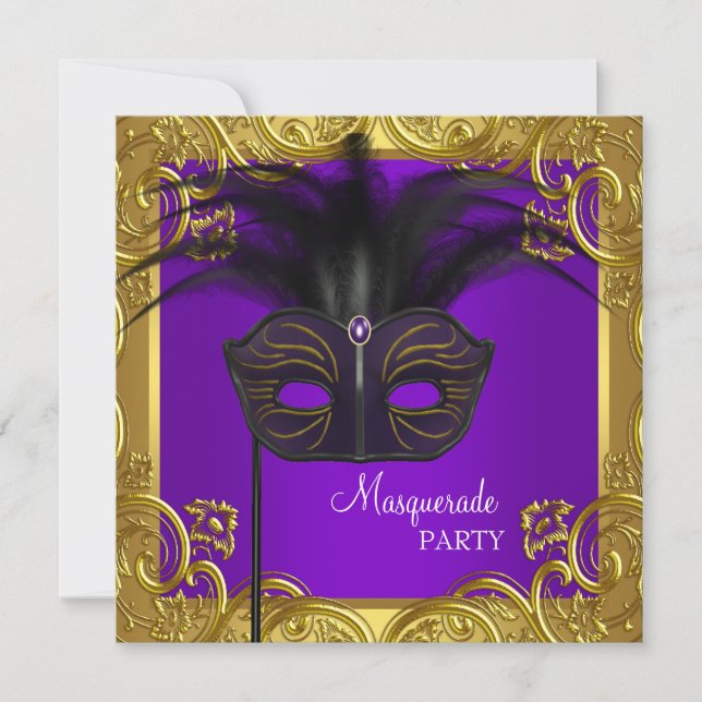 Purple and Gold Mask Masquerade Party Invitation (Front)