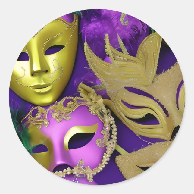 Purple and Gold Masquerade Masks Mardi Gras Classic Round Sticker (Front)