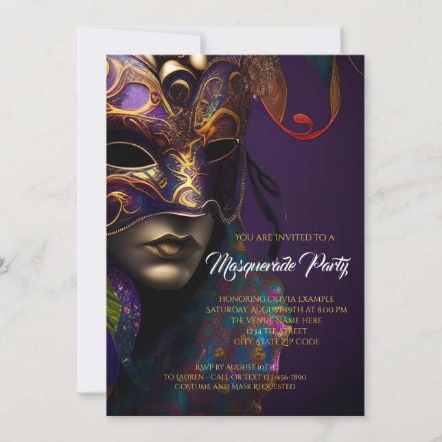 Purple and Gold Masquerade Party with Vibrant Mask Invitation (Front)