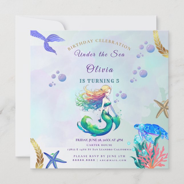 Purple and Gold Mermaid Birthday under the Sea Invitation (Front)