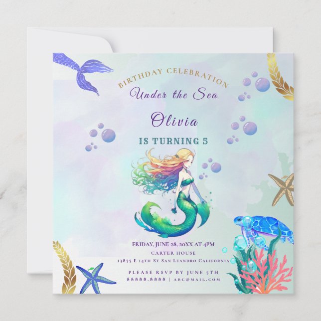 Purple and Gold Mermaid Birthday under the Sea Invitation (Front)