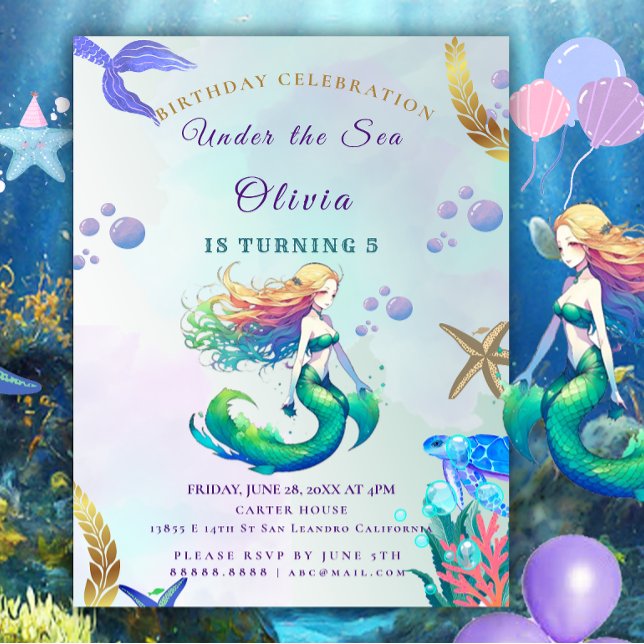 Purple and Gold Mermaid Birthday under the Sea Invitation (Creator Uploaded)