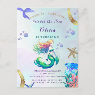 Purple and Gold Mermaid Birthday under the Sea Invitation Postcard