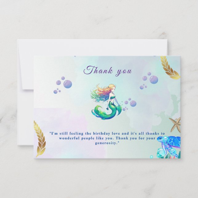 Purple and Gold Mermaid Birthday under the Sea Thank You Card (Front)