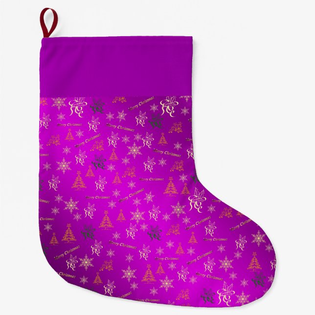 purple and gold merry christmas large christmas stocking (Front)
