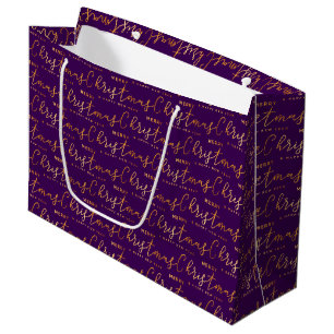 Purple and Gold Merry Christmas Word Art Large Gift Bag