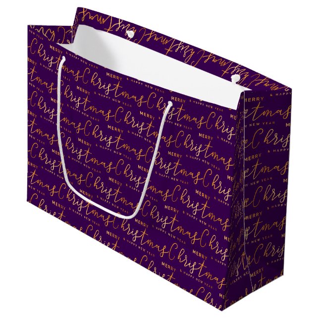 Purple and Gold Merry Christmas Word Art Large Gift Bag (Front Angled)