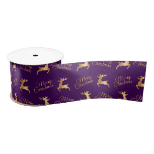 Purple and Gold Merry Christmas Word Art Satin Ribbon