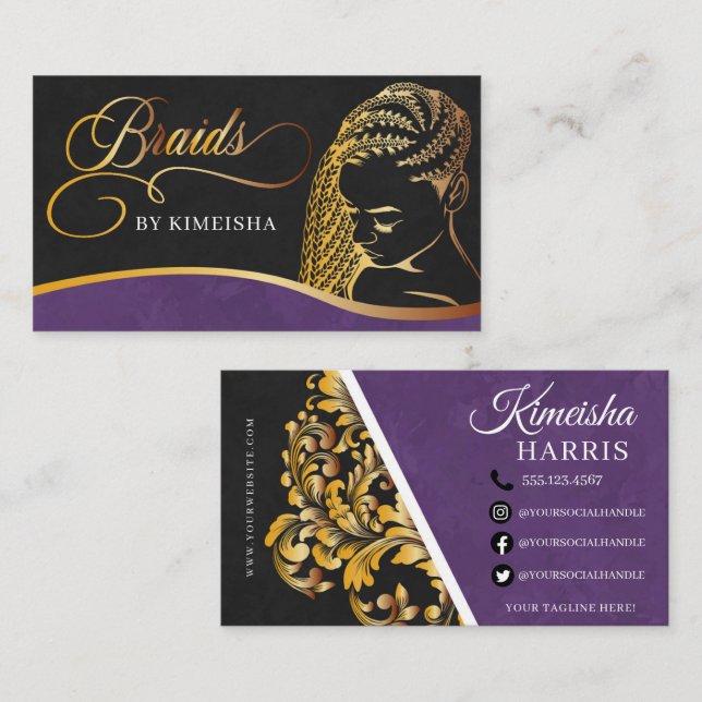 Purple and Gold Modern Hair Braiding Salon  Business Card (Front/Back)