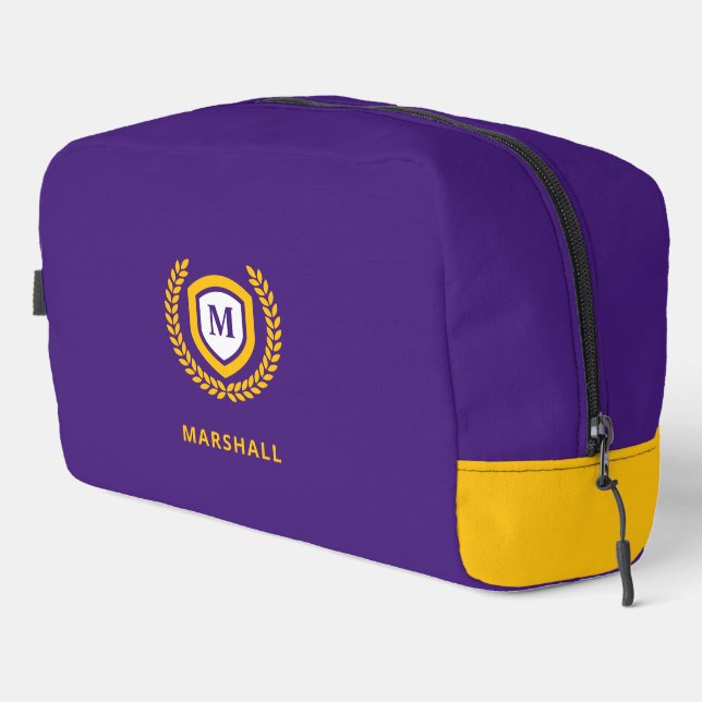 Purple and Gold Monogram Logo Crest Dopp Kit (Right Corner)