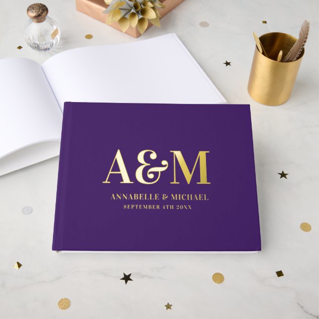 PURPLE AND GOLD MONOGRAM MINIMALIST WEDDING  GUEST BOOK (Front Open)