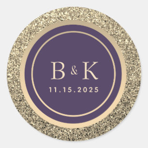 Purple and Gold Monogram Wedding Classic Round Sticker