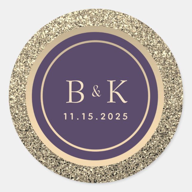 Purple and Gold Monogram Wedding Classic Round Sticker (Front)