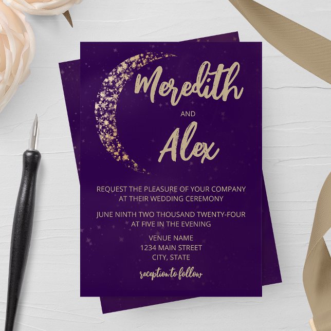 Purple and Gold Moon and Back Wedding Invitation (Creator Uploaded)