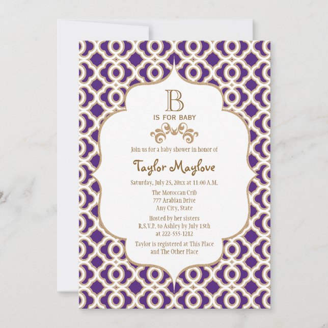 Purple and Gold Moroccan Baby Girl Baby Shower Invitation (Front)