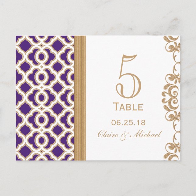 Purple and Gold Moroccan Wedding Table Number Postcard (Front)