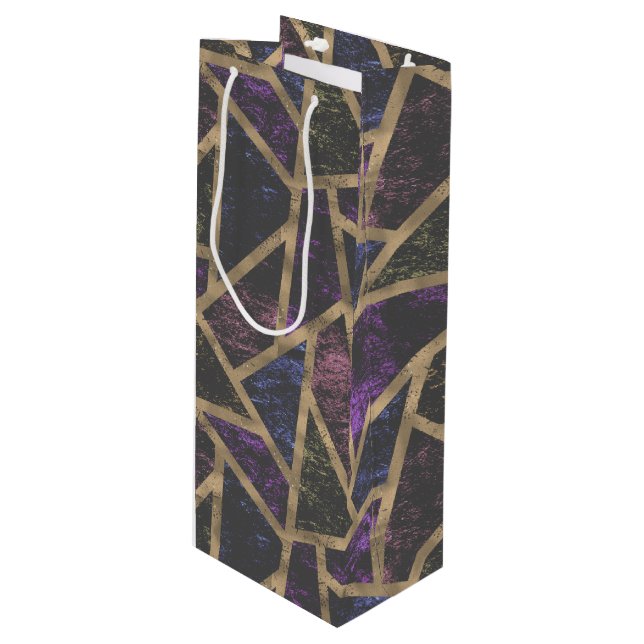 Purple and gold mosaic pattern wine gift bag (Front Angled)