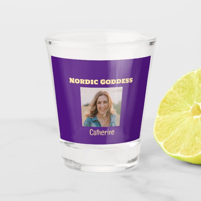 Purple and Gold Nordic Goddess Custom Photo Shot Glass (Front)