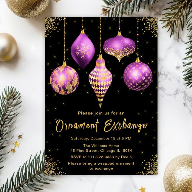 Purple and Gold Ornament Exchange Party Invitation (Creator Uploaded)
