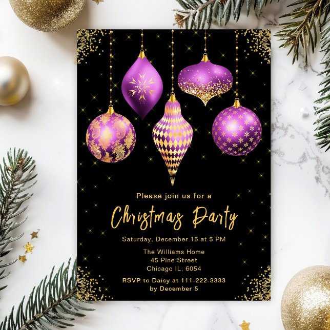 Purple and Gold Ornaments Christmas Party Invitation (Creator Uploaded)