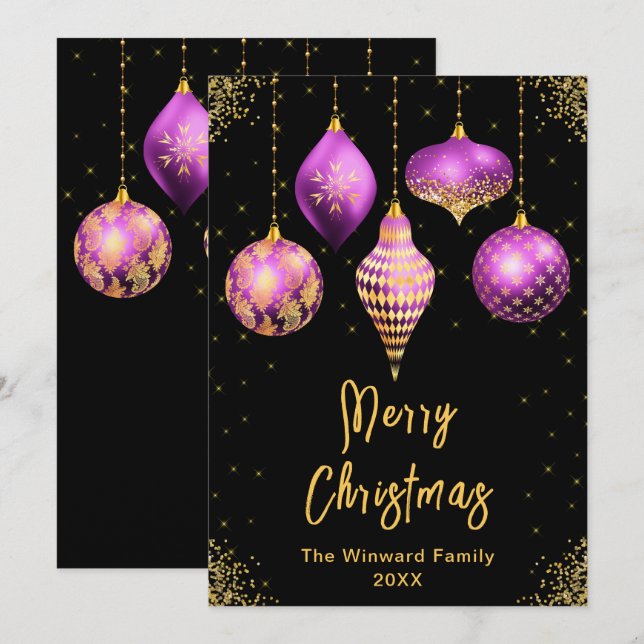 Purple and Gold Ornaments Merry Christmas Holiday Card (Front/Back)