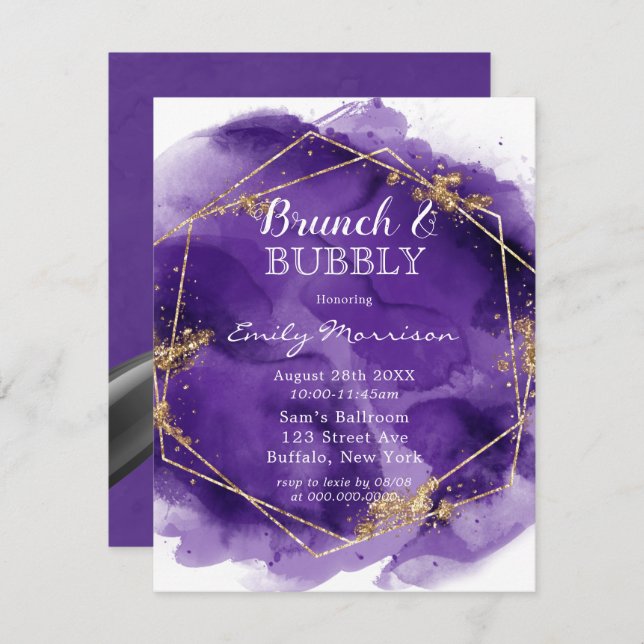 Purple and Gold Paint Brunch & Bubbly  Invitation (Front/Back)