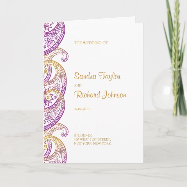 Purple and Gold Paisley Indian Wedding Programme (Front)