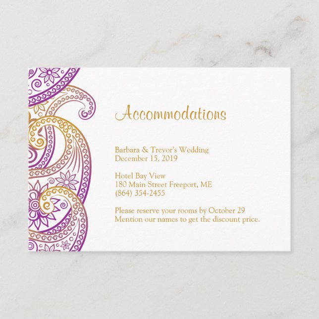 Purple and Gold Paisley Wedding Accommodations Enclosure Card (Front)