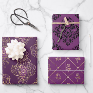 Purple and Gold Paris themed Wrapping Paper Sheet
