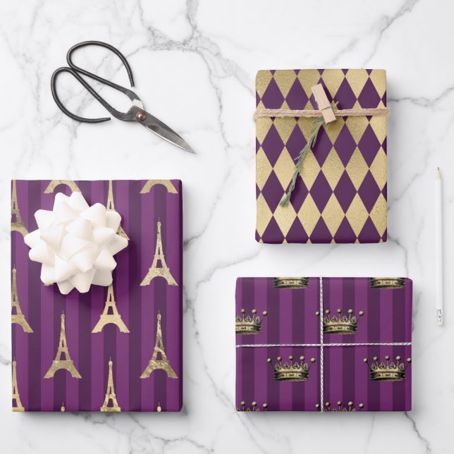 Purple and Gold Paris themed Wrapping Paper Sheet (Front)