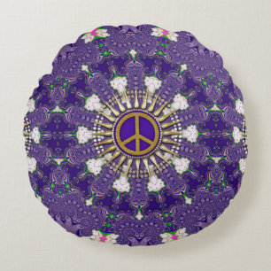Purple and Gold Peace Sign Mandala Round Cushion