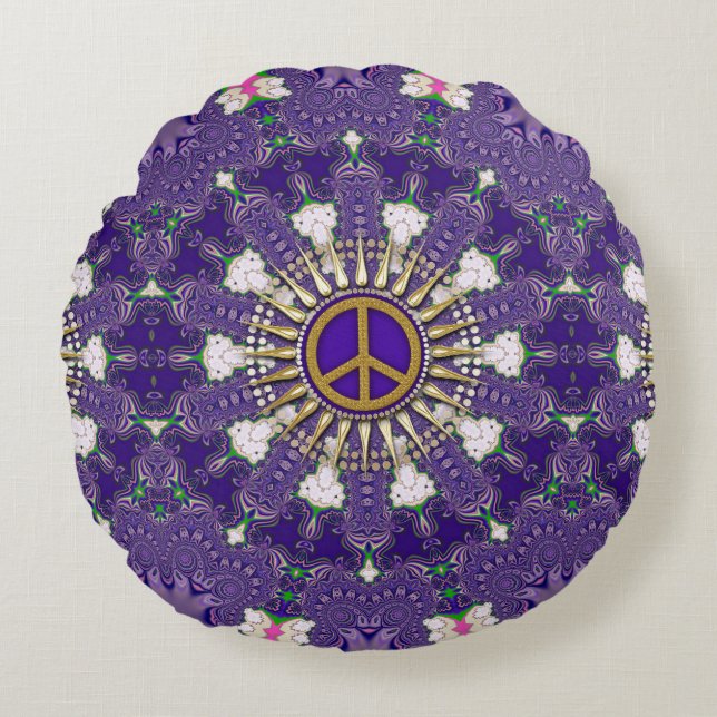 Purple and Gold Peace Sign Mandala Round Cushion (Front)