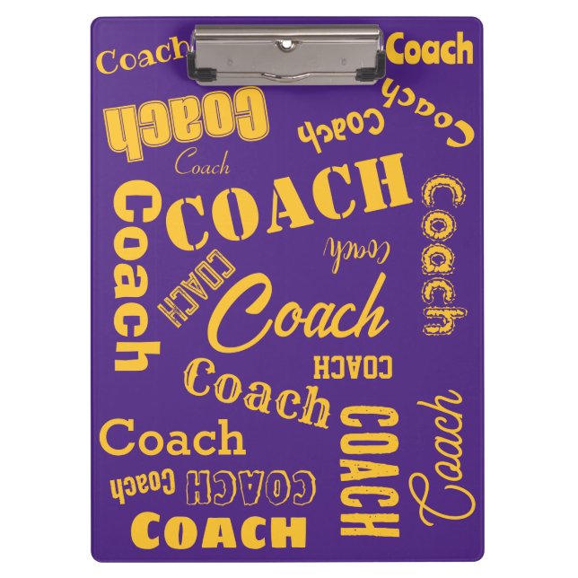 Purple and Gold Personalised Coach Gift Name Art Clipboard (Front)