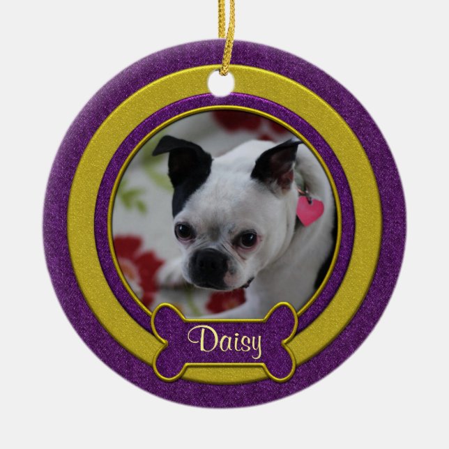 Purple and Gold Pet Photo Christmas Ornament (Front)