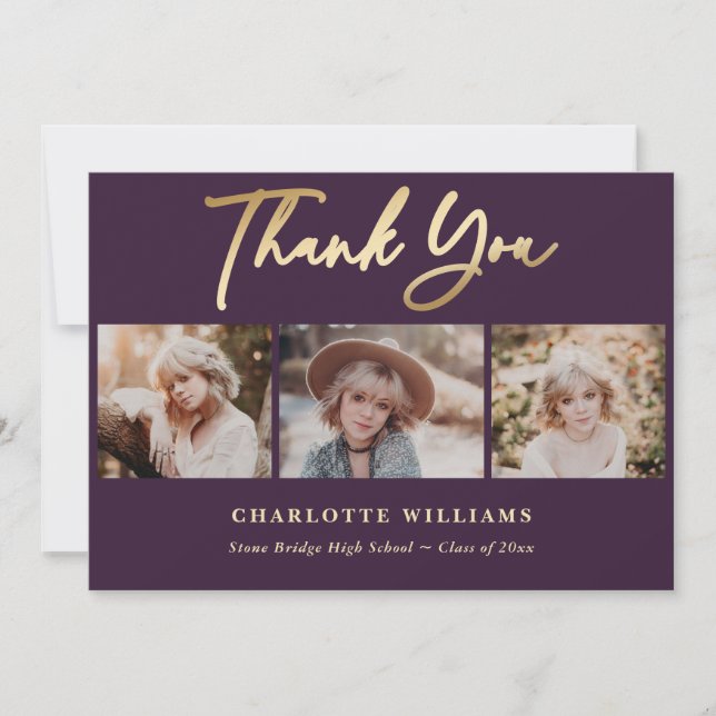 Purple and Gold Photo Collage Graduation Thank You Card (Front)