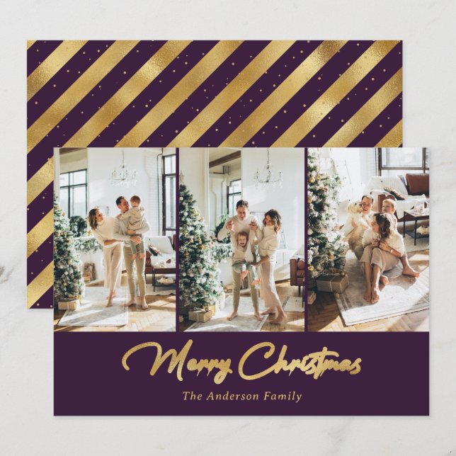 Purple and Gold Photo Collage Merry Christmas Holiday Card (Front/Back)