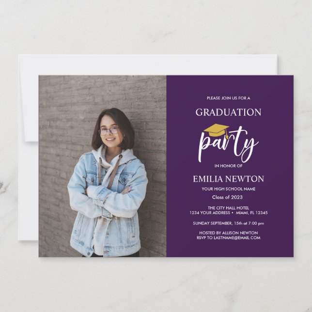 Purple and Gold  Photo Graduation Party Invitation (Front)