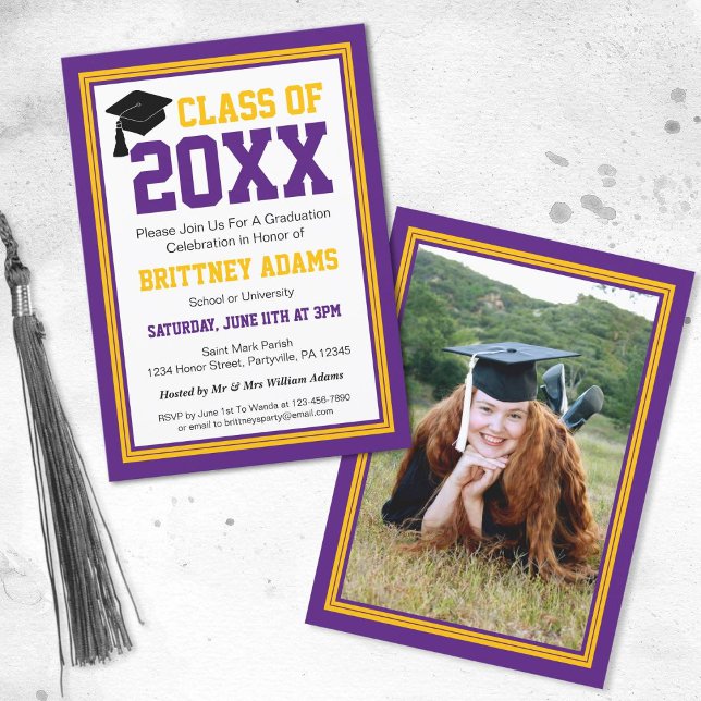 Purple and Gold Photo Graduation Party Invitation (Creator Uploaded)