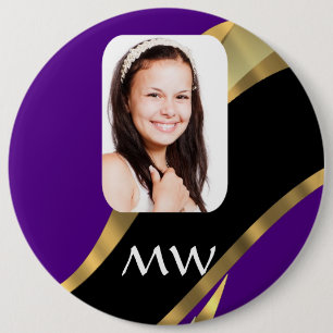 Purple and gold photo template 6 cm round badge