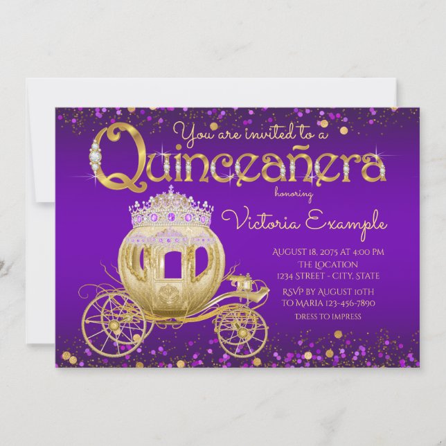 Purple and Gold Princess Quinceanera Invitation (Front)
