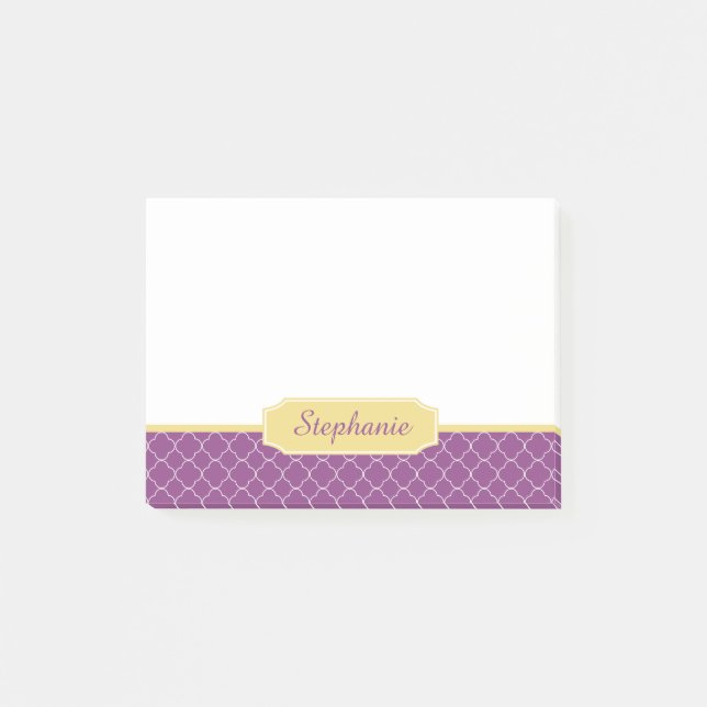 Purple and Gold Quatrefoil Monogram Post-it Notes (Front)